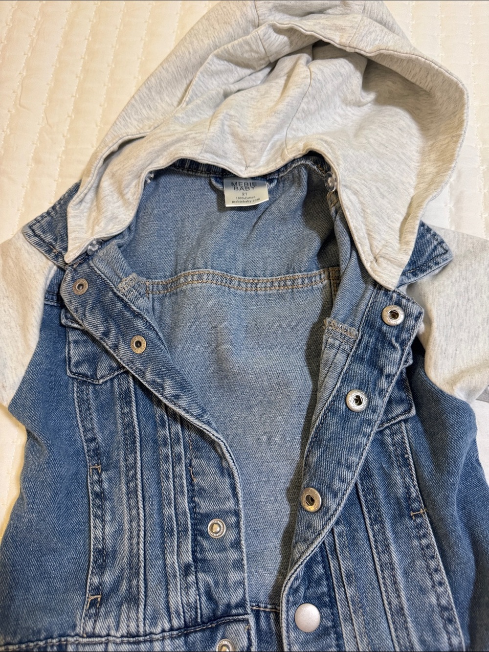 Mebie baby Denim Jacket with Gray Hoodie Sleeves - Blue and Light Gray